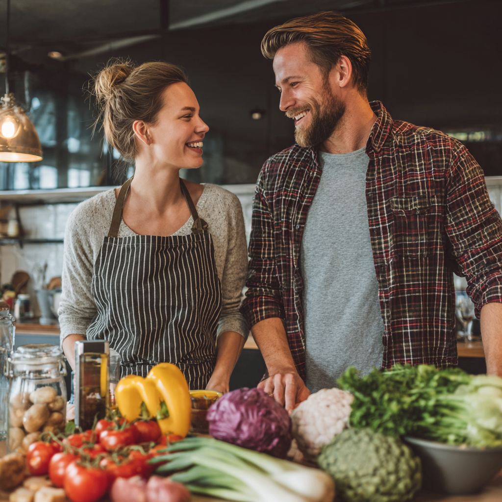 Boldog európai férfi 35-40 éves, sportosan öltözött, friss gyümölcsöket tart a kezében, napfényes konyhában