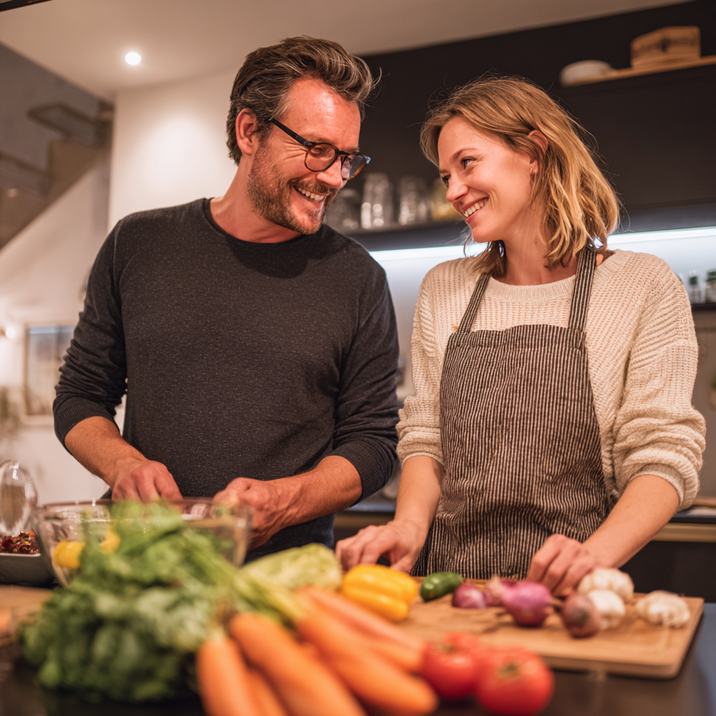 Mosolygó európai pár 30-as éveiben, együtt főznek egészséges ételt egy világos konyhában, természetes fény